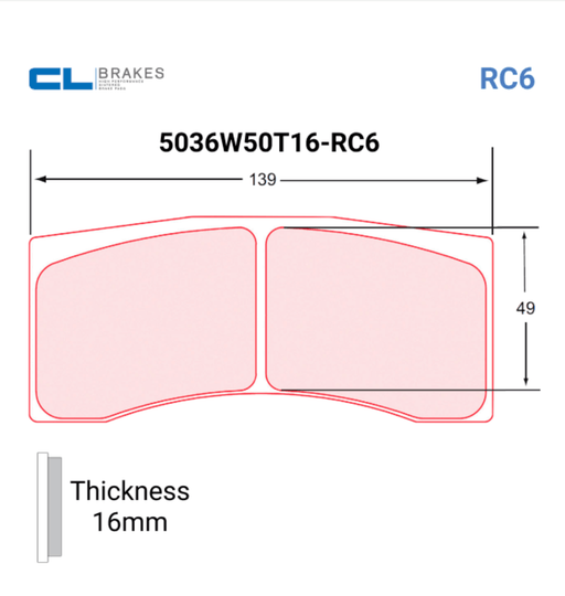 CL Brake Pads 5036W50T16 - RC6 CMPD - 16MM - Motorsport Supplies