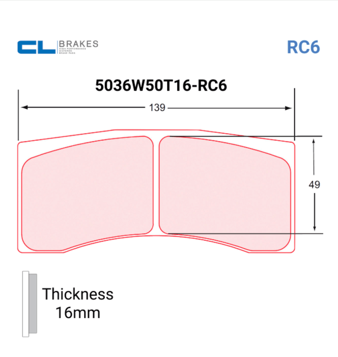 CL Brake Pads 5036W50T16 - RC6 CMPD - 16MM - Motorsport Supplies