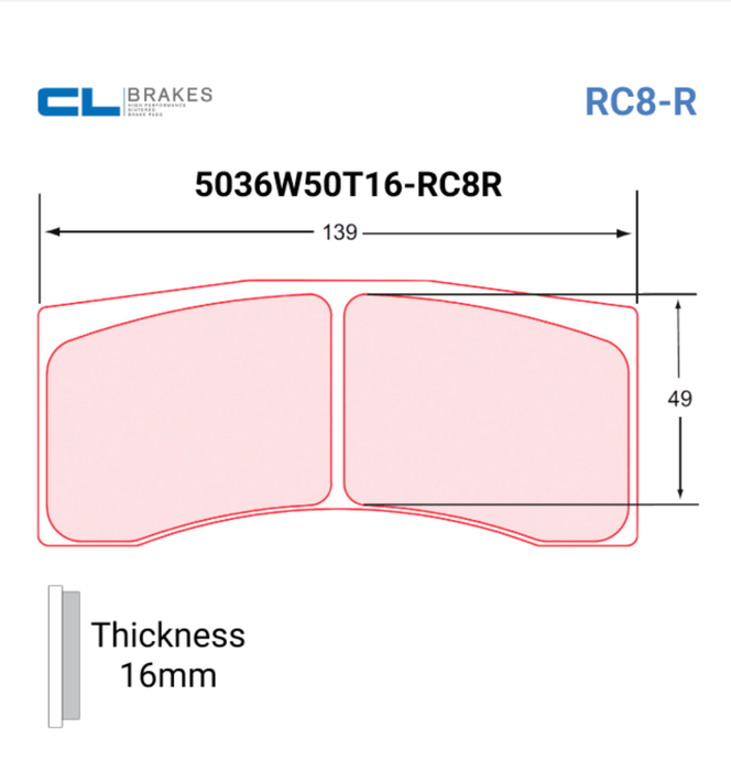 CL Brake Pads 5036W50T16 - RC8R CMPD -16MM - Motorsport Supplies